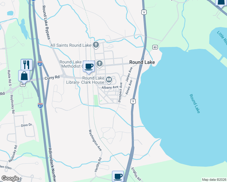 map of restaurants, bars, coffee shops, grocery stores, and more near 7th Street in Round Lake