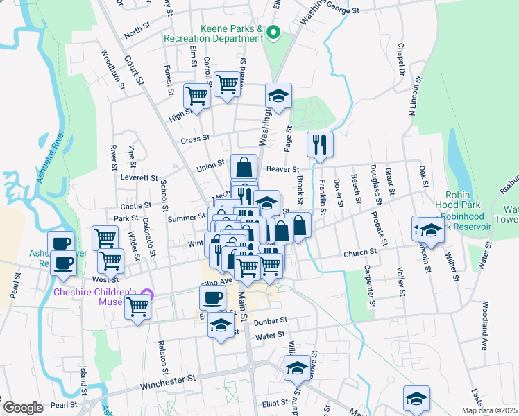 map of restaurants, bars, coffee shops, grocery stores, and more near 64 Washington Street in Keene