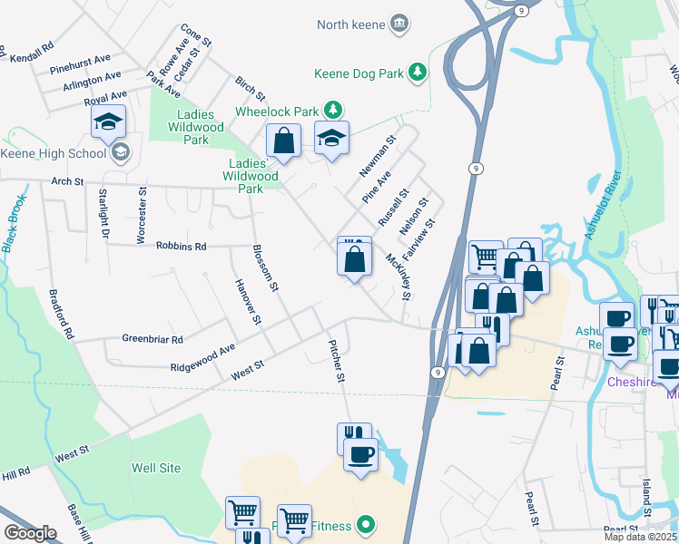 map of restaurants, bars, coffee shops, grocery stores, and more near 38 Park Avenue in Keene