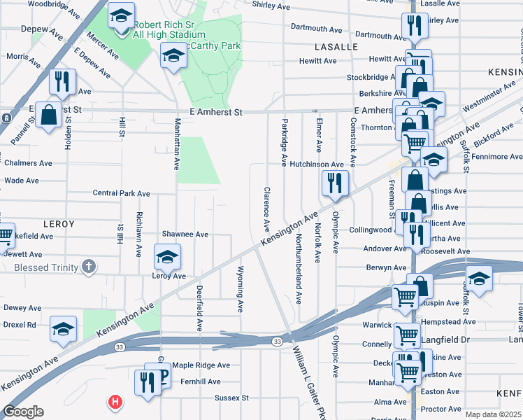 map of restaurants, bars, coffee shops, grocery stores, and more near 65 Clyde Avenue in Buffalo