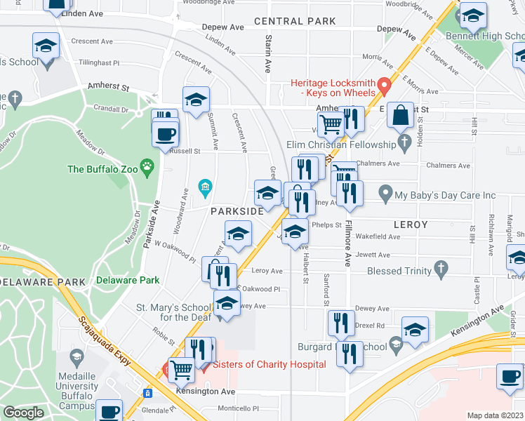 map of restaurants, bars, coffee shops, grocery stores, and more near 14 Elam Place in Buffalo