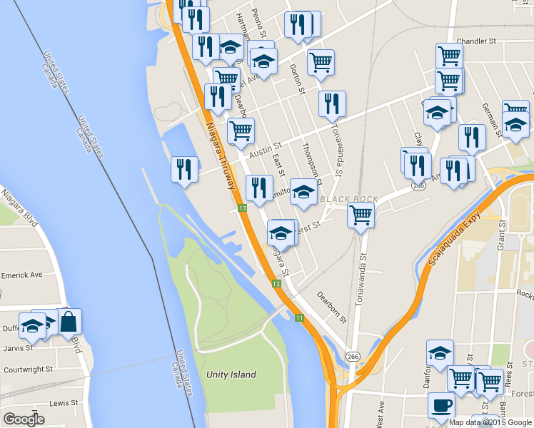 map of restaurants, bars, coffee shops, grocery stores, and more near 1915 Niagara Street in Buffalo