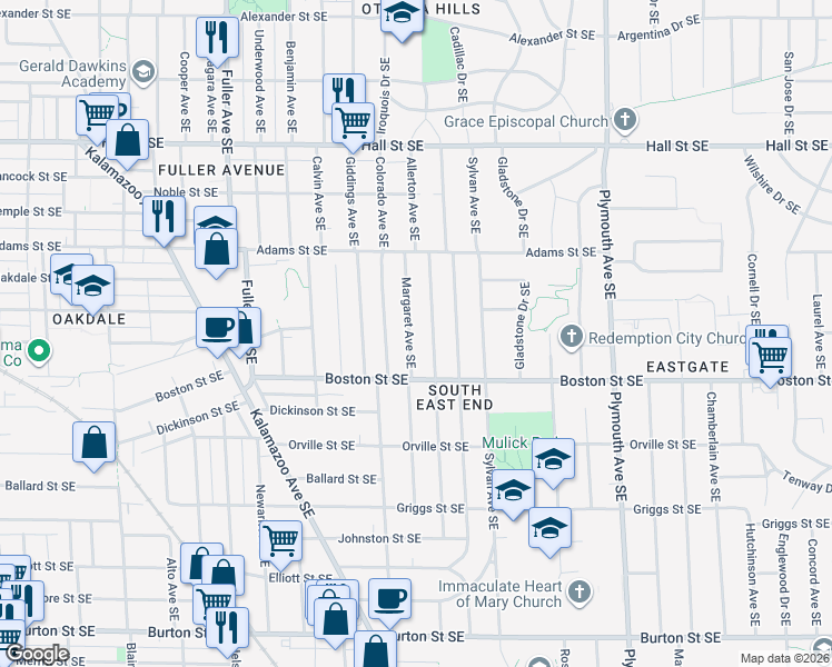 map of restaurants, bars, coffee shops, grocery stores, and more near 1506 Margaret Avenue Southeast in Grand Rapids