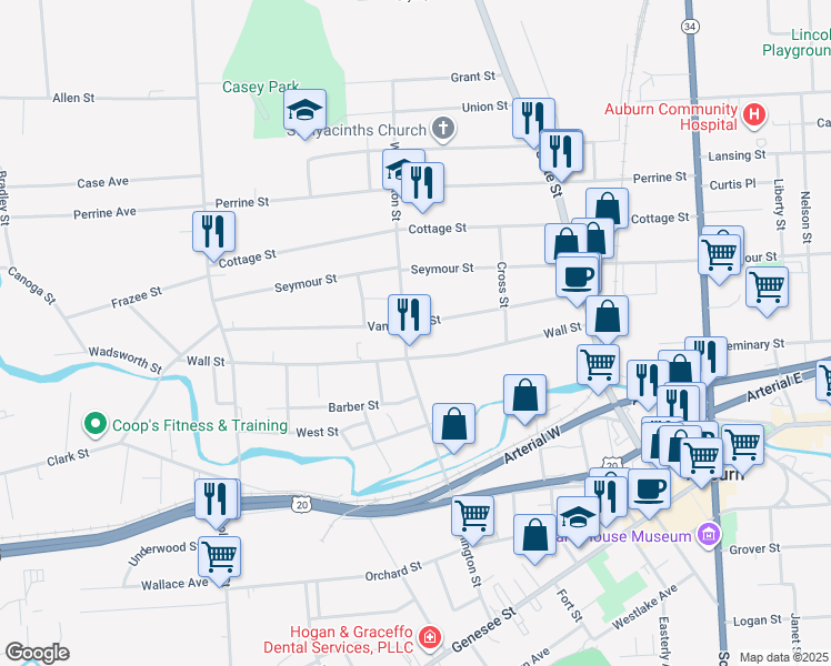 map of restaurants, bars, coffee shops, grocery stores, and more near 132 Van Anden Street in Auburn