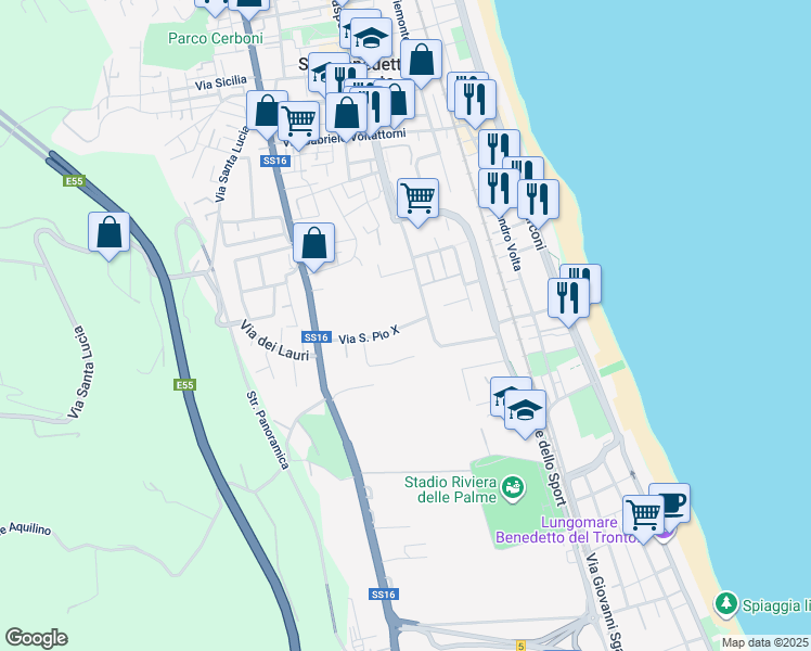 map of restaurants, bars, coffee shops, grocery stores, and more near 40 Via San Pio X in San Benedetto del Tronto