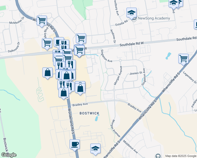 map of restaurants, bars, coffee shops, grocery stores, and more near 315 Southdale Road West in London