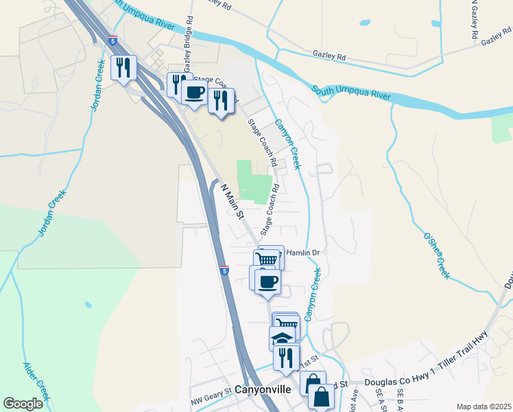 map of restaurants, bars, coffee shops, grocery stores, and more near 160 Northeast Long Street in Canyonville