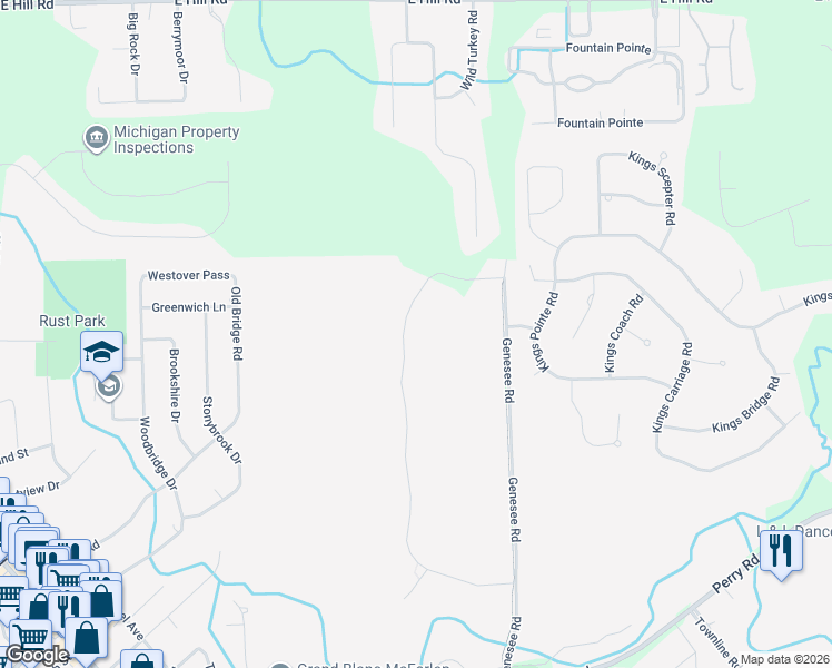 map of restaurants, bars, coffee shops, grocery stores, and more near 16658 Kings Fairway Court in Grand Blanc