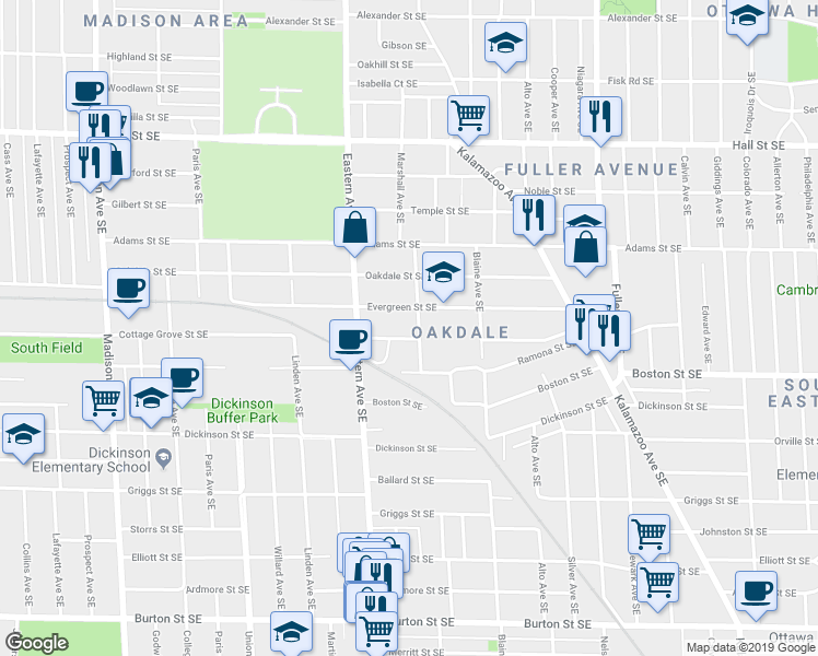 map of restaurants, bars, coffee shops, grocery stores, and more near 1519 Marshall Ave SE in Grand Rapids