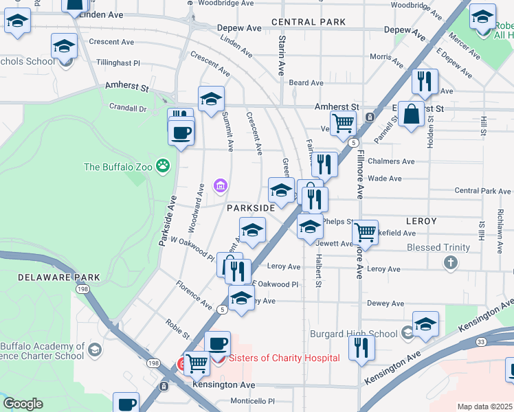 map of restaurants, bars, coffee shops, grocery stores, and more near Crescent Avenue & Jewett Parkway in Buffalo