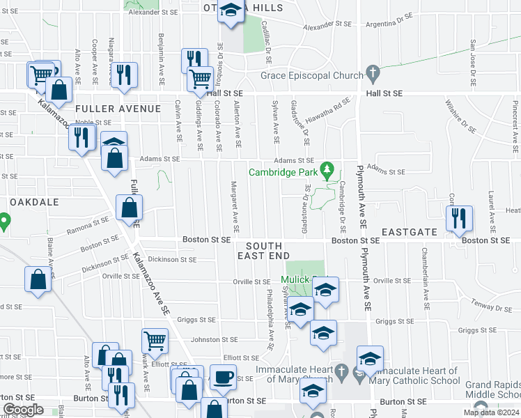 map of restaurants, bars, coffee shops, grocery stores, and more near 1515 Philadelphia Avenue Southeast in Grand Rapids