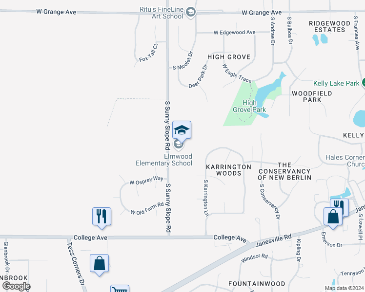 map of restaurants, bars, coffee shops, grocery stores, and more near 5900 South Sunnyslope Road in New Berlin