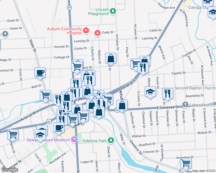 map of restaurants, bars, coffee shops, grocery stores, and more near 43 Seminary Street in Auburn