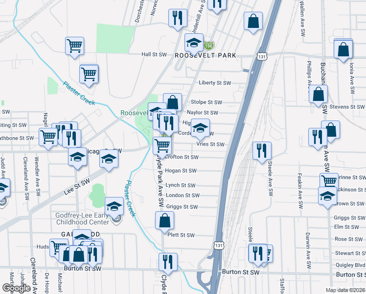 map of restaurants, bars, coffee shops, grocery stores, and more near 718 Vries Street Southwest in Grand Rapids