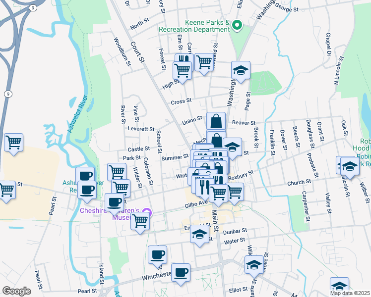 map of restaurants, bars, coffee shops, grocery stores, and more near 70 Court Street in Keene