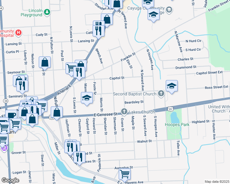 map of restaurants, bars, coffee shops, grocery stores, and more near 32 Cayuga Street in Auburn