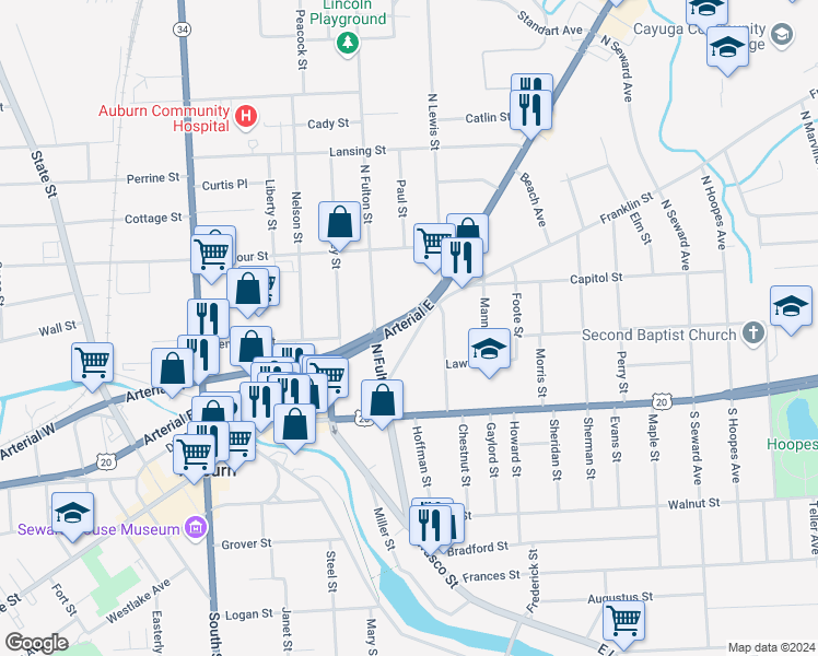 map of restaurants, bars, coffee shops, grocery stores, and more near 49 Arterial West in Auburn
