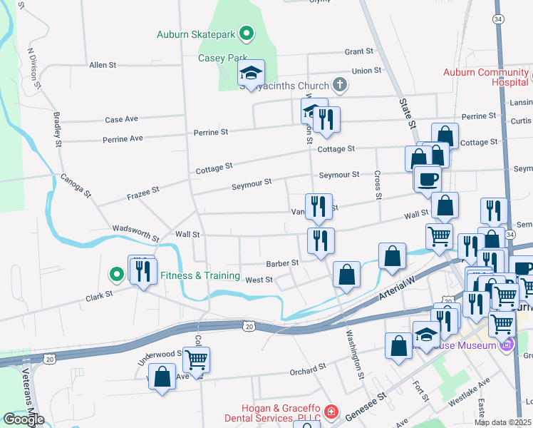 map of restaurants, bars, coffee shops, grocery stores, and more near 161 Van Anden Street in Auburn