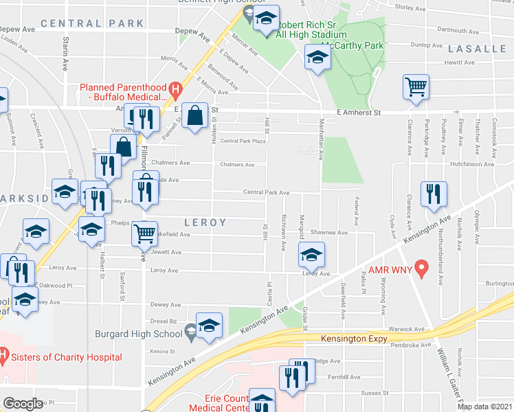 map of restaurants, bars, coffee shops, grocery stores, and more near 261 Rodney Avenue in Buffalo