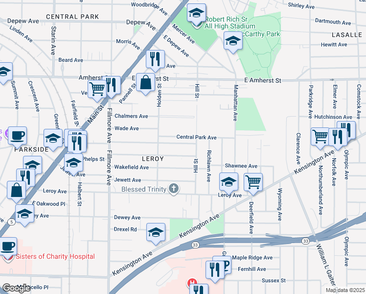 map of restaurants, bars, coffee shops, grocery stores, and more near 261 Rodney Avenue in Buffalo
