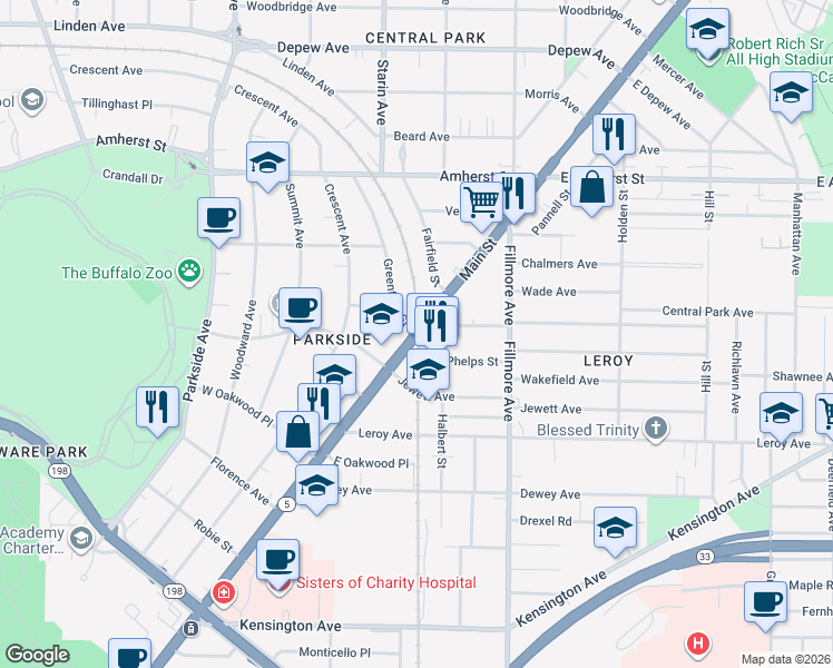 map of restaurants, bars, coffee shops, grocery stores, and more near 2474 Main St in Buffalo