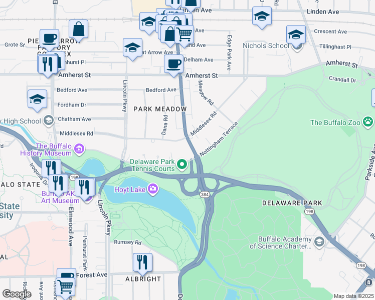 map of restaurants, bars, coffee shops, grocery stores, and more near 1910 Delaware Avenue in Buffalo