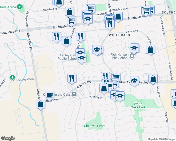 map of restaurants, bars, coffee shops, grocery stores, and more near 87 Ashley Crescent in London