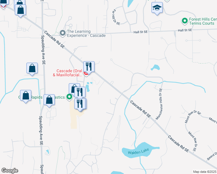map of restaurants, bars, coffee shops, grocery stores, and more near 5610 Cascade Road Southeast in Grand Rapids