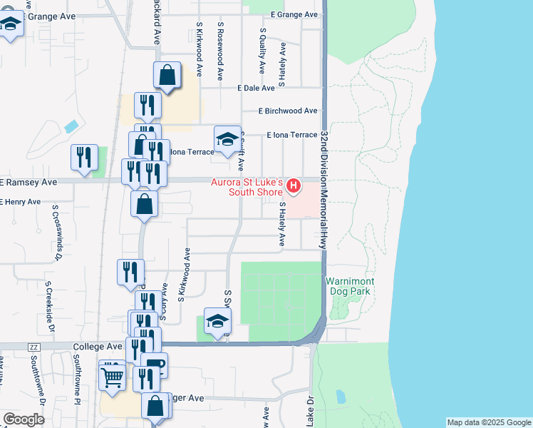 map of restaurants, bars, coffee shops, grocery stores, and more near 5968 South Quality Avenue in Cudahy