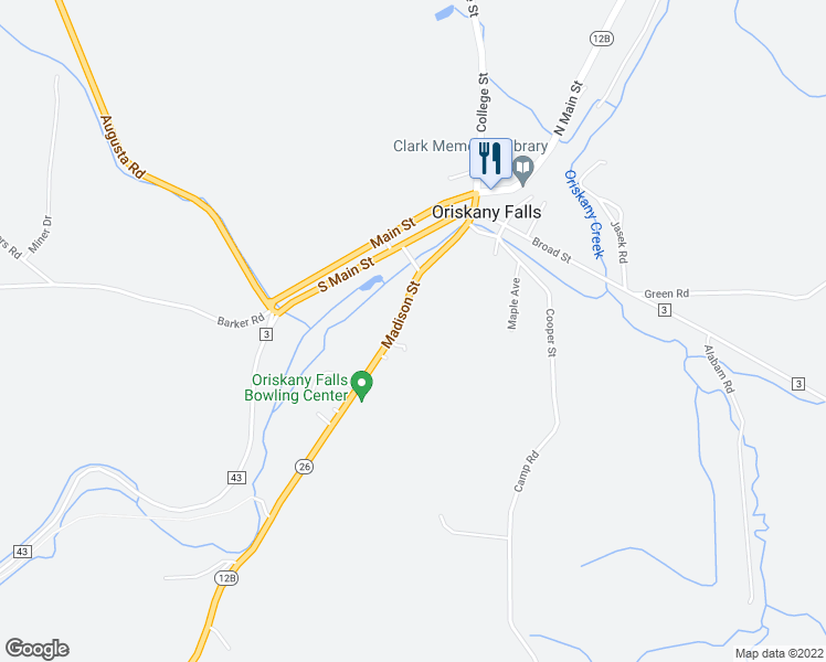 map of restaurants, bars, coffee shops, grocery stores, and more near 142 Madison Street in Oriskany Falls