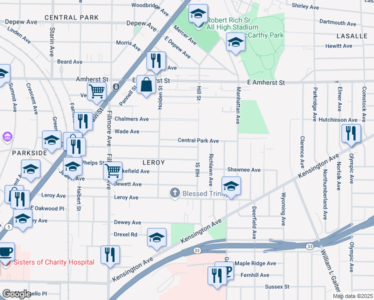 map of restaurants, bars, coffee shops, grocery stores, and more near 261 Rodney Avenue in Buffalo