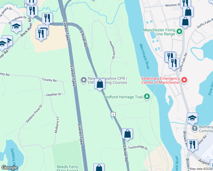 map of restaurants, bars, coffee shops, grocery stores, and more near 38 Hawthorne Drive South in Bedford