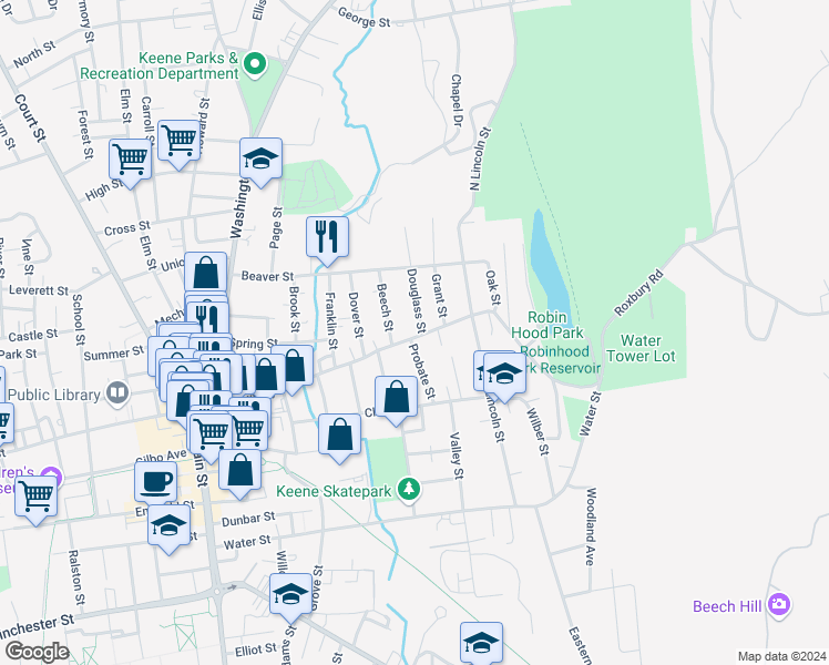 map of restaurants, bars, coffee shops, grocery stores, and more near 240 Roxbury Street in Keene