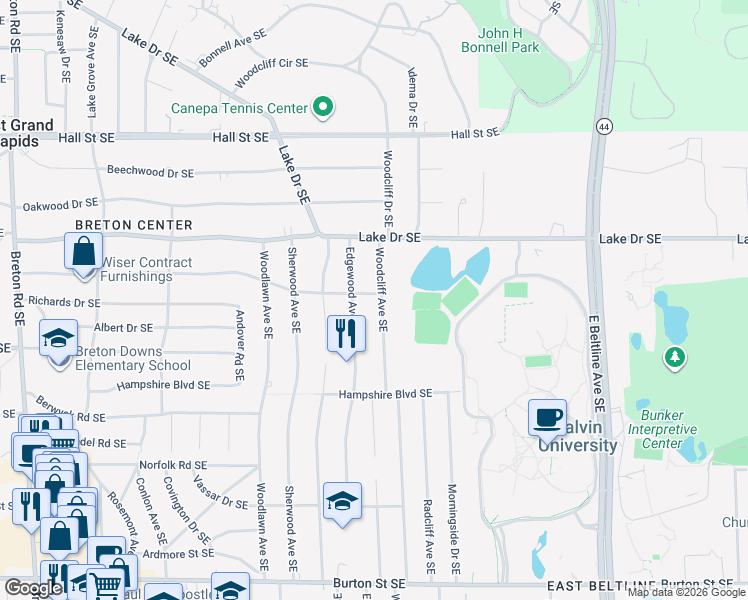 map of restaurants, bars, coffee shops, grocery stores, and more near 3006 Maplewood Drive Southeast in East Grand Rapids