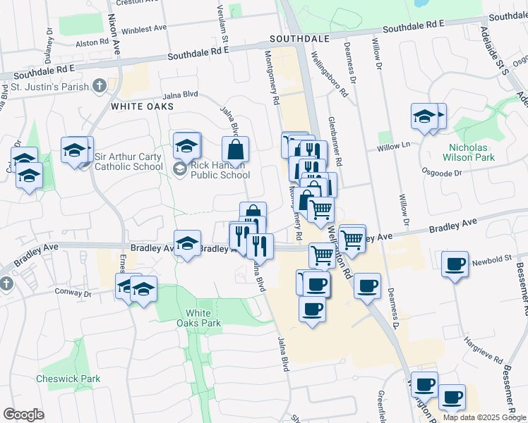 map of restaurants, bars, coffee shops, grocery stores, and more near 73 Beechmount Crescent in London