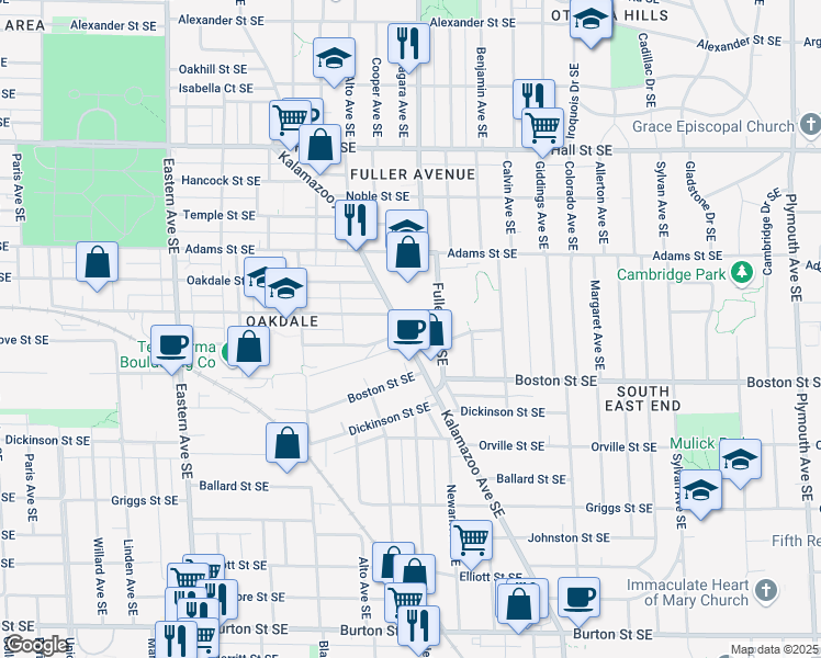 map of restaurants, bars, coffee shops, grocery stores, and more near 1500 Kalamazoo Avenue Southeast in Grand Rapids