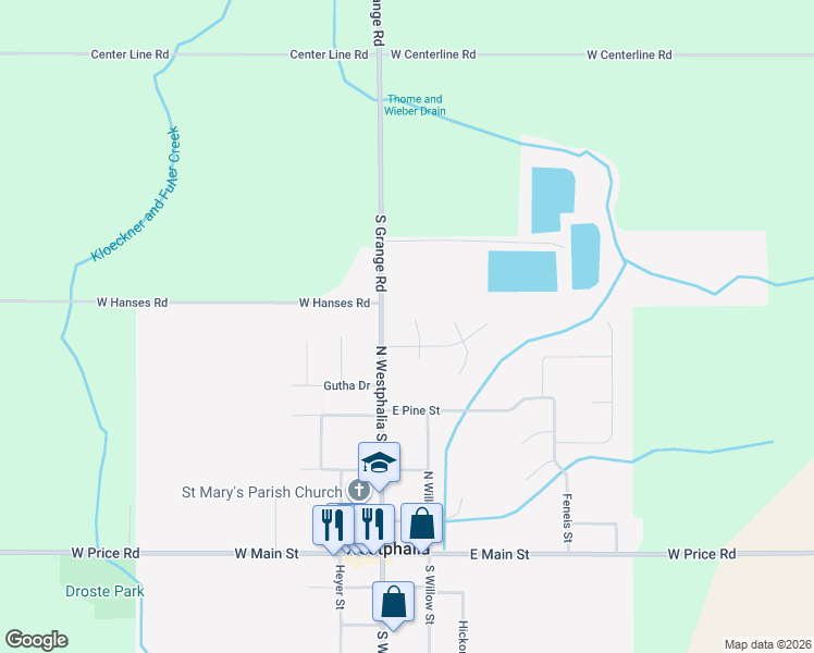 map of restaurants, bars, coffee shops, grocery stores, and more near 504 Rosemont in Westphalia