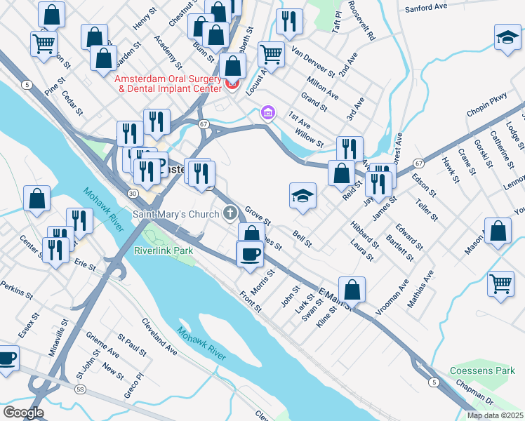map of restaurants, bars, coffee shops, grocery stores, and more near 76 Grove Street in Amsterdam