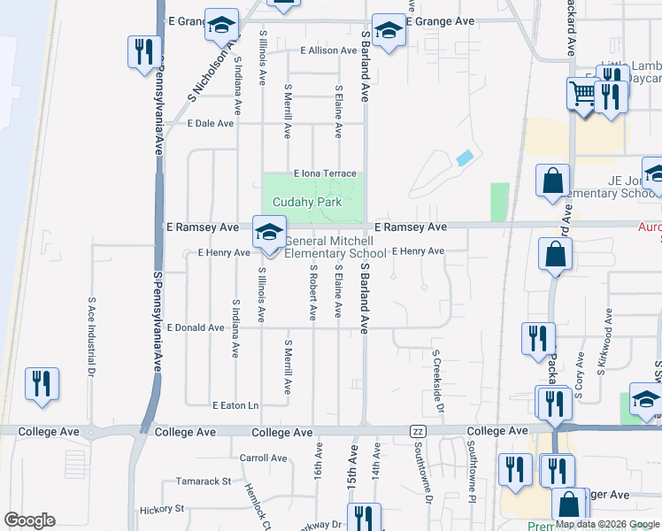 map of restaurants, bars, coffee shops, grocery stores, and more near 5961 South Elaine Avenue in Cudahy