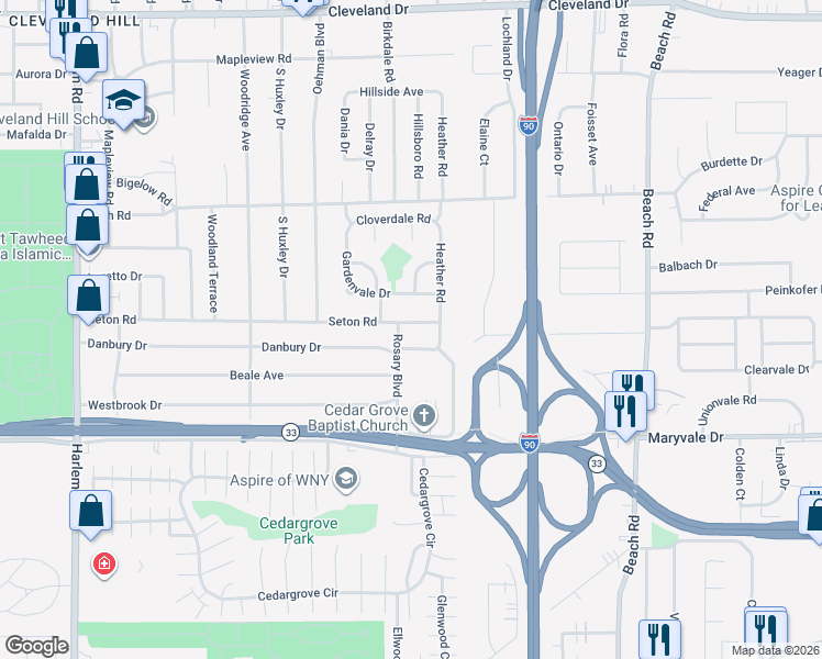 map of restaurants, bars, coffee shops, grocery stores, and more near 271 Seton Road in Buffalo