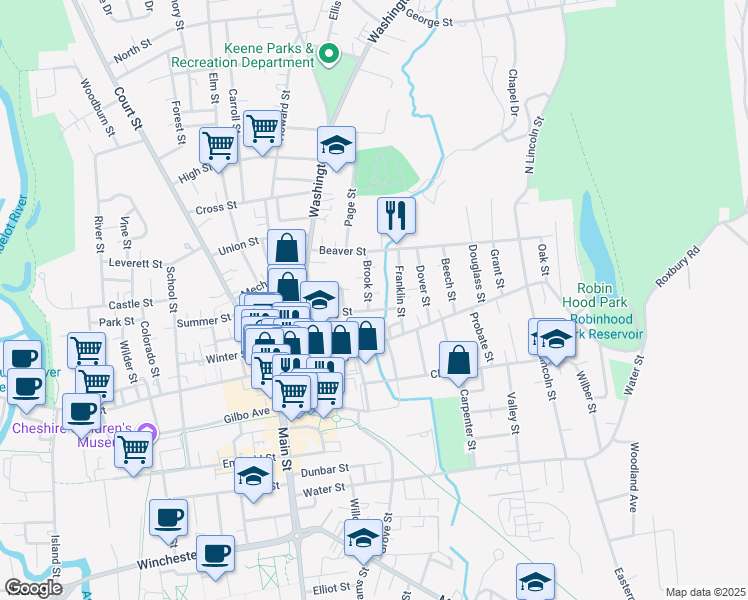 map of restaurants, bars, coffee shops, grocery stores, and more near 20 Brook Street in Keene