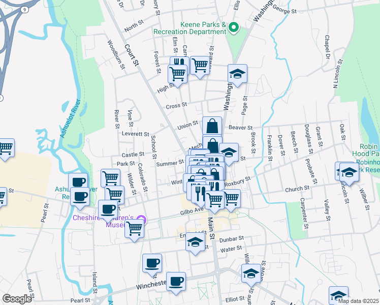 map of restaurants, bars, coffee shops, grocery stores, and more near 70 Court Street in Keene