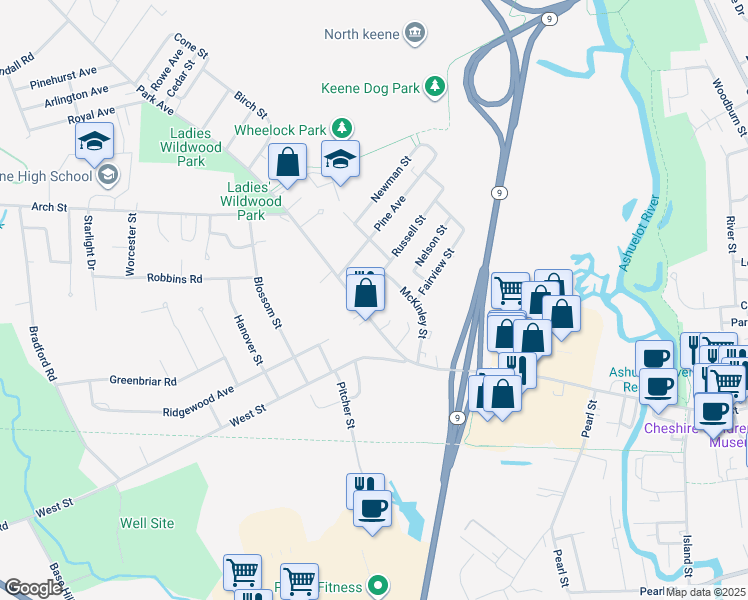 map of restaurants, bars, coffee shops, grocery stores, and more near 33 Park Avenue in Keene