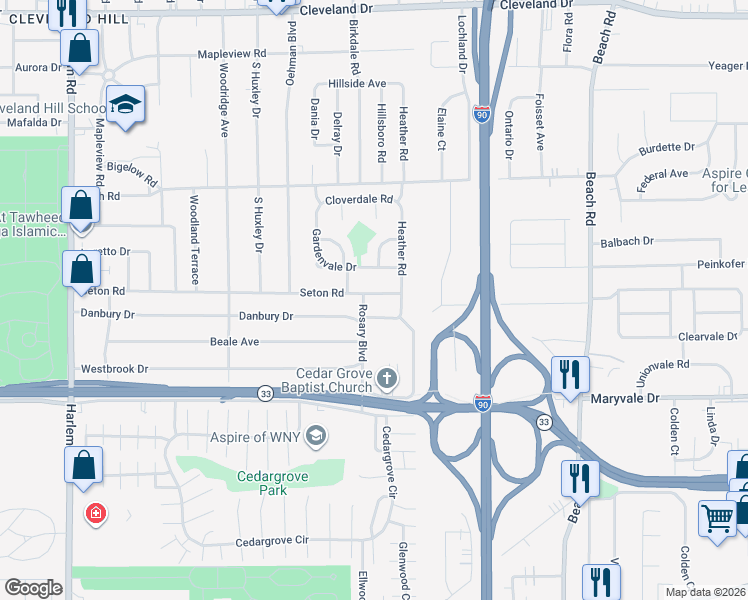 map of restaurants, bars, coffee shops, grocery stores, and more near 271 Seton Road in Buffalo