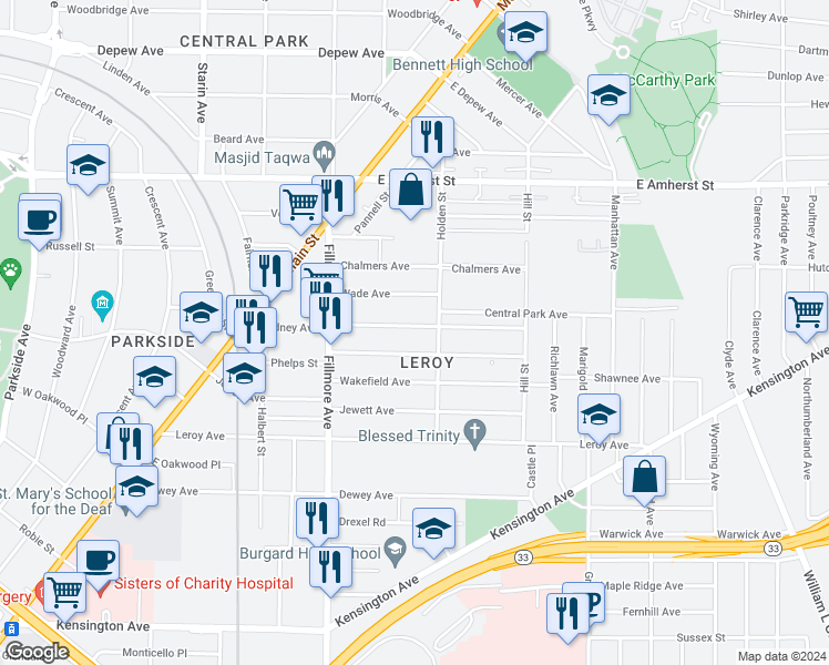 map of restaurants, bars, coffee shops, grocery stores, and more near 181 Rodney Avenue in Buffalo