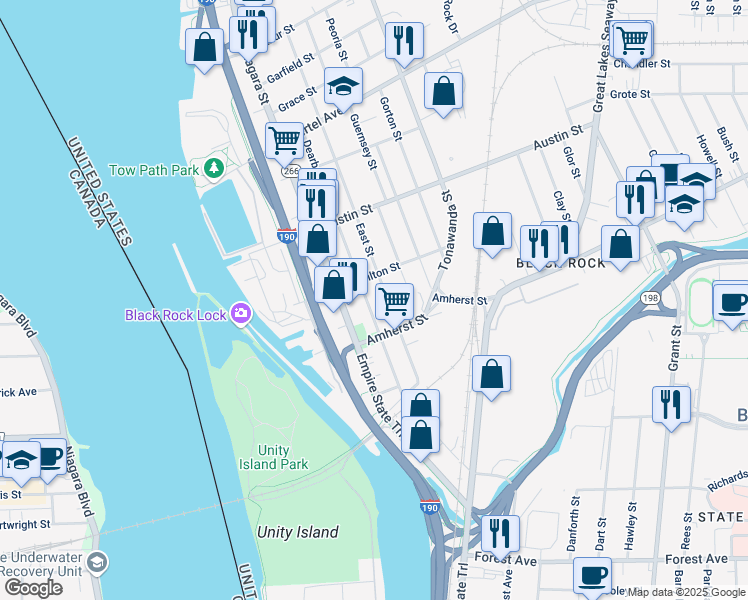 map of restaurants, bars, coffee shops, grocery stores, and more near in Buffalo