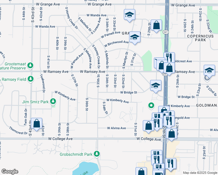 map of restaurants, bars, coffee shops, grocery stores, and more near 5971 South 33rd Street in Greenfield