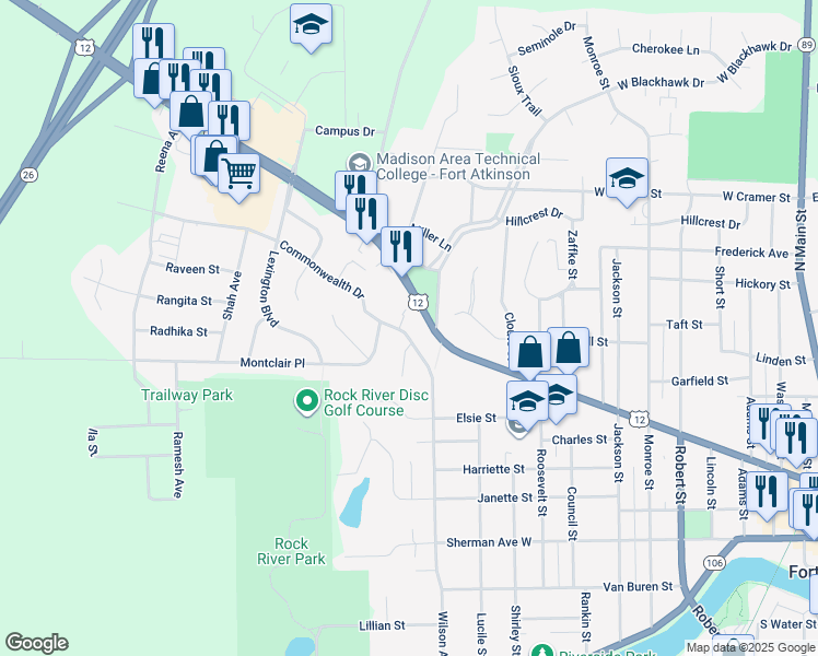 map of restaurants, bars, coffee shops, grocery stores, and more near 1230 Commonwealth Drive in Fort Atkinson