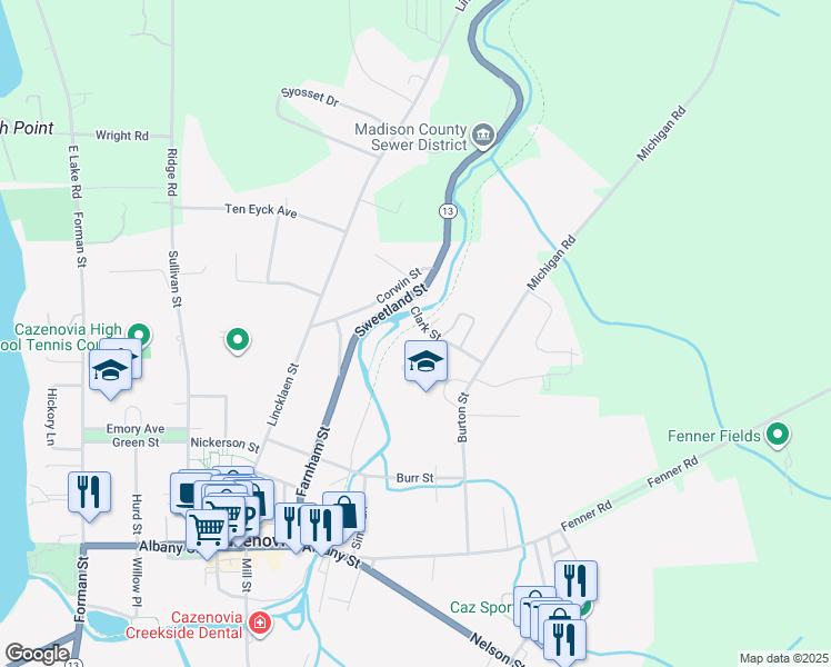 map of restaurants, bars, coffee shops, grocery stores, and more near 3 Clark Street in Cazenovia