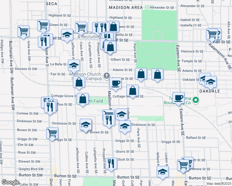 map of restaurants, bars, coffee shops, grocery stores, and more near 1530 Madison Avenue Southeast in Grand Rapids
